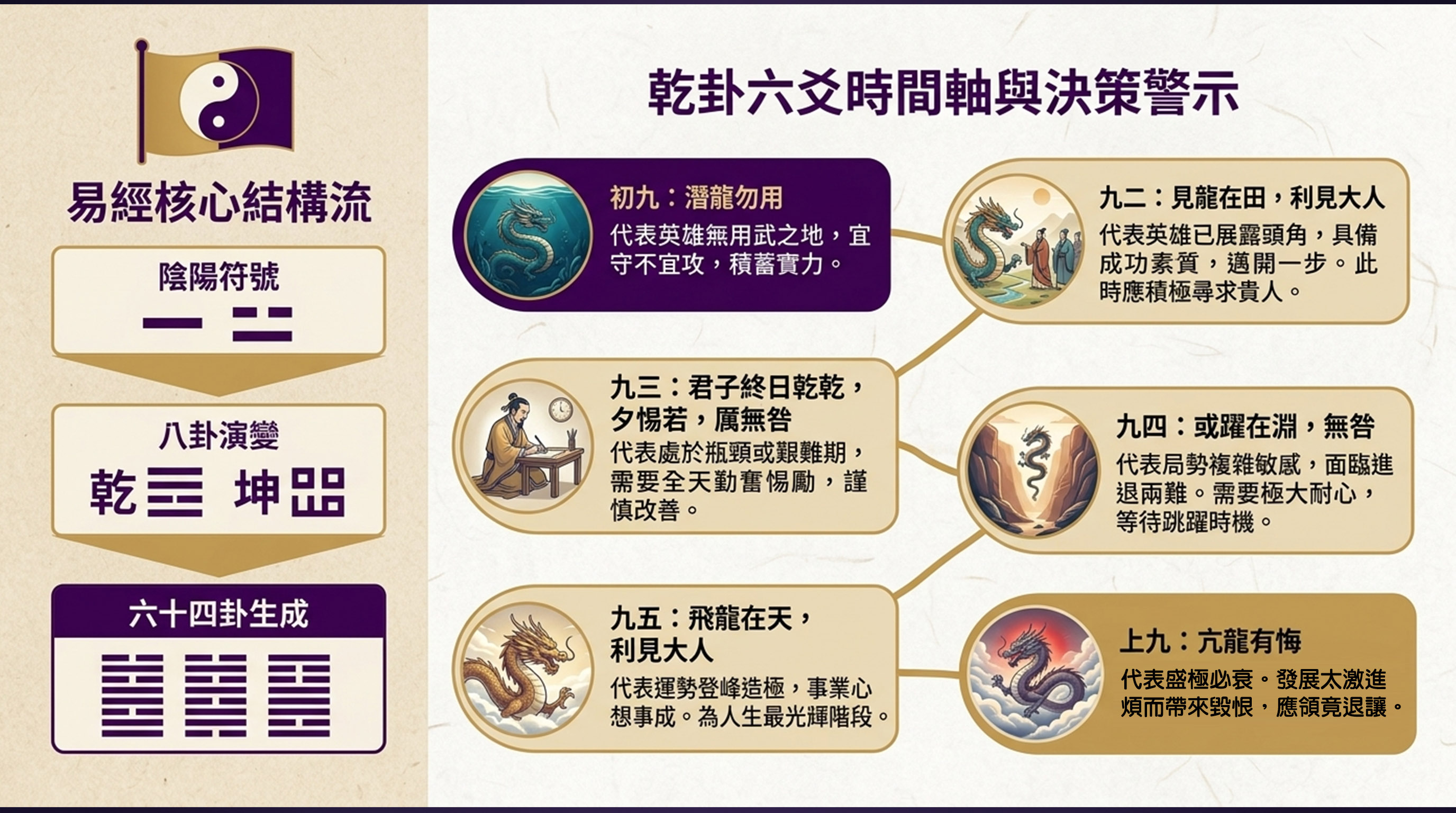 易經智慧與核心結構圖：從陰陽演變到乾卦六爻決策時機